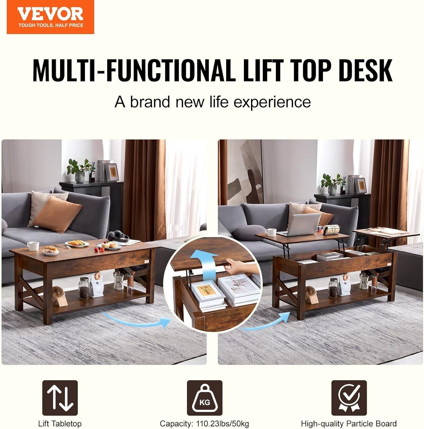 Lift Top Coffee Table with Storage, Pop-Up Wood Table 120cm for Living Room