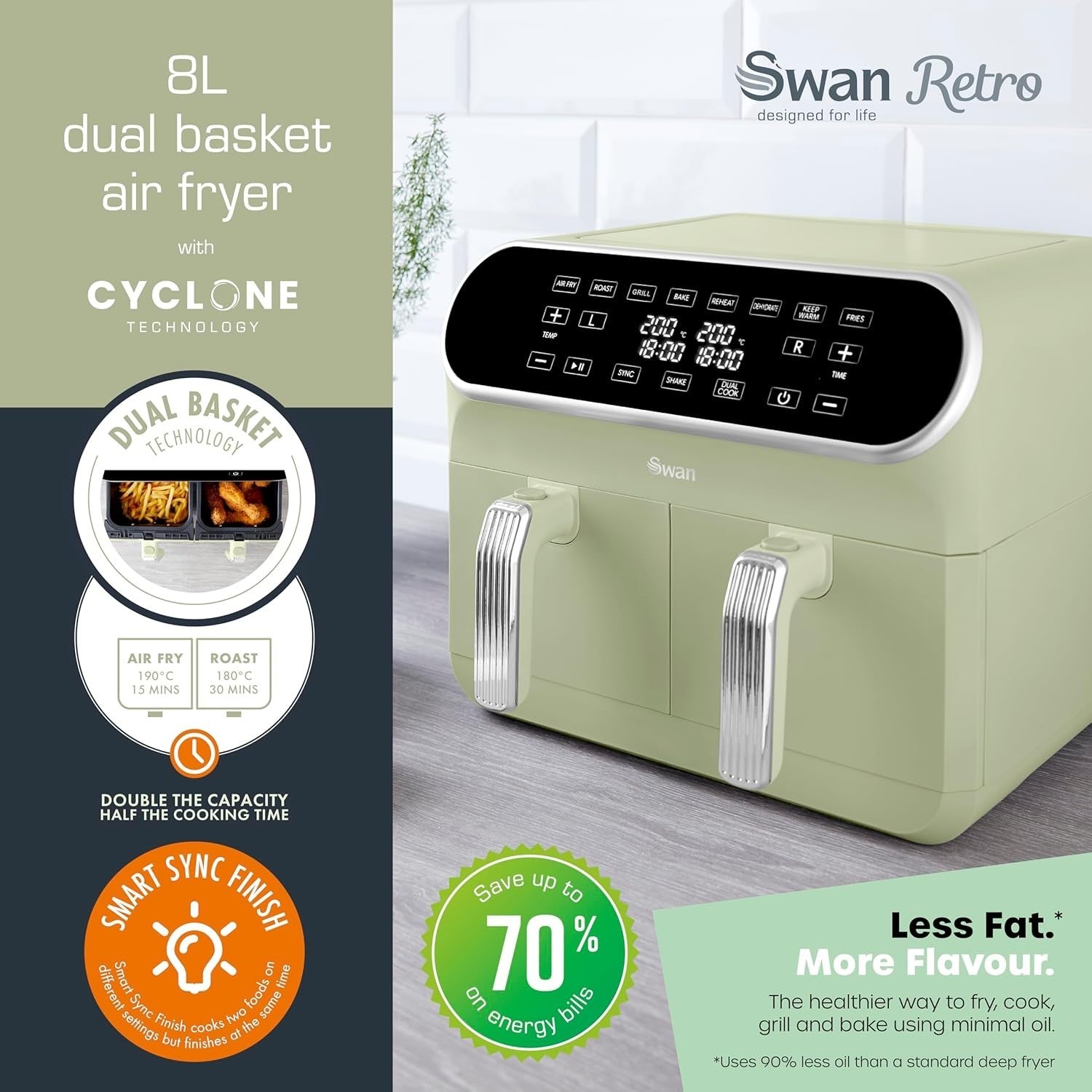 8L Dual Basket Air Fryer 1700W |  Retro Green 8 Presets Healthy Oil-Free Cooking