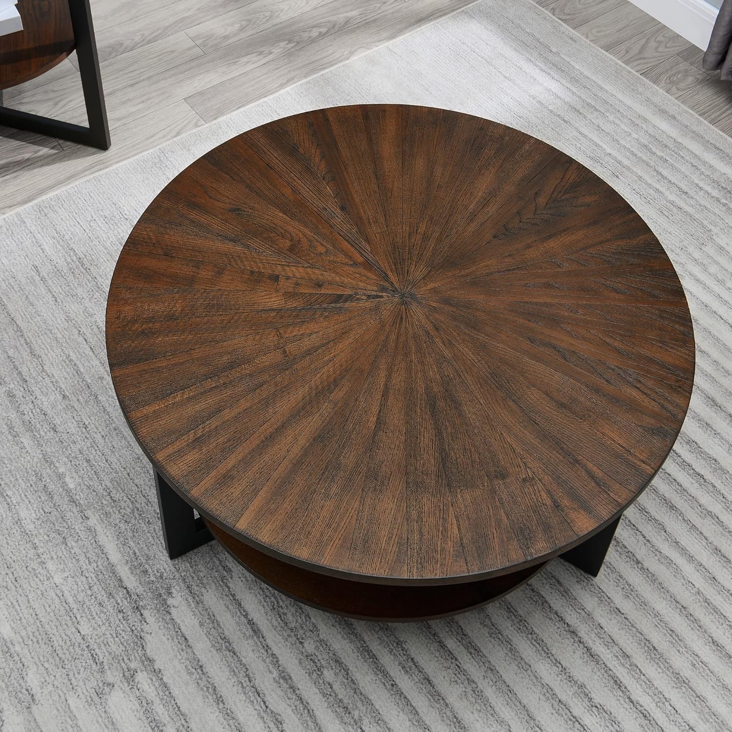 Round Coffee Table with 2-Tier Storage, Solid Wood & Metal Frame 85x45.3cm