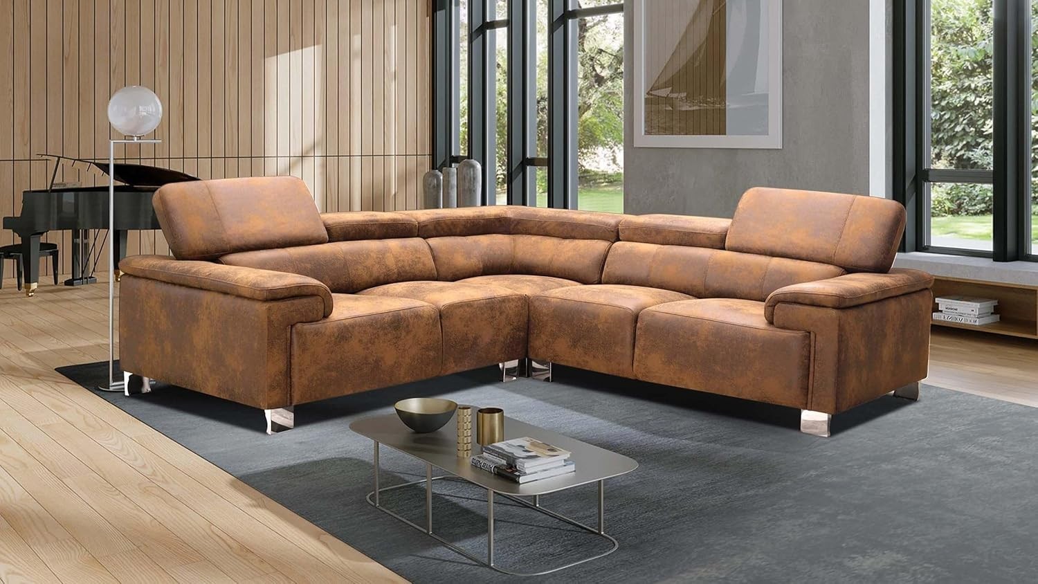 Brown Faux Leather 5-Seater L Shaped Corner Sofa Adjustable Headrests