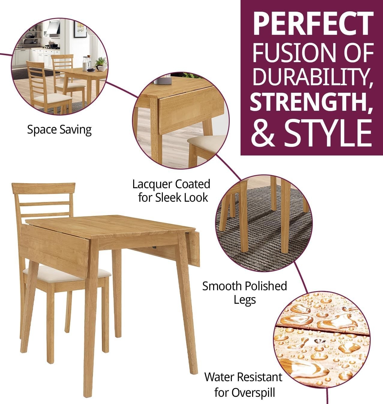Drop Leaf Dining Table Set with 4 Chairs Light Oak Ladder Back Space Saver