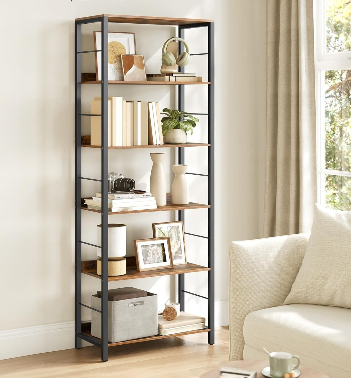 6 Tier Industrial Bookcase Rustic Brown Metal Frame Storage Shelf Unit