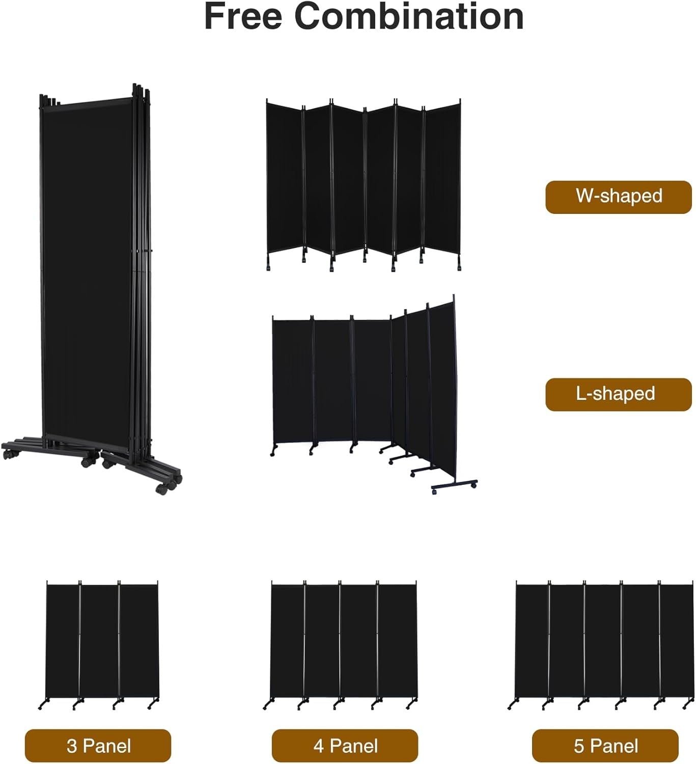 6 Panel Black Folding Room Divider on Wheels Privacy Screen 290x180cm
