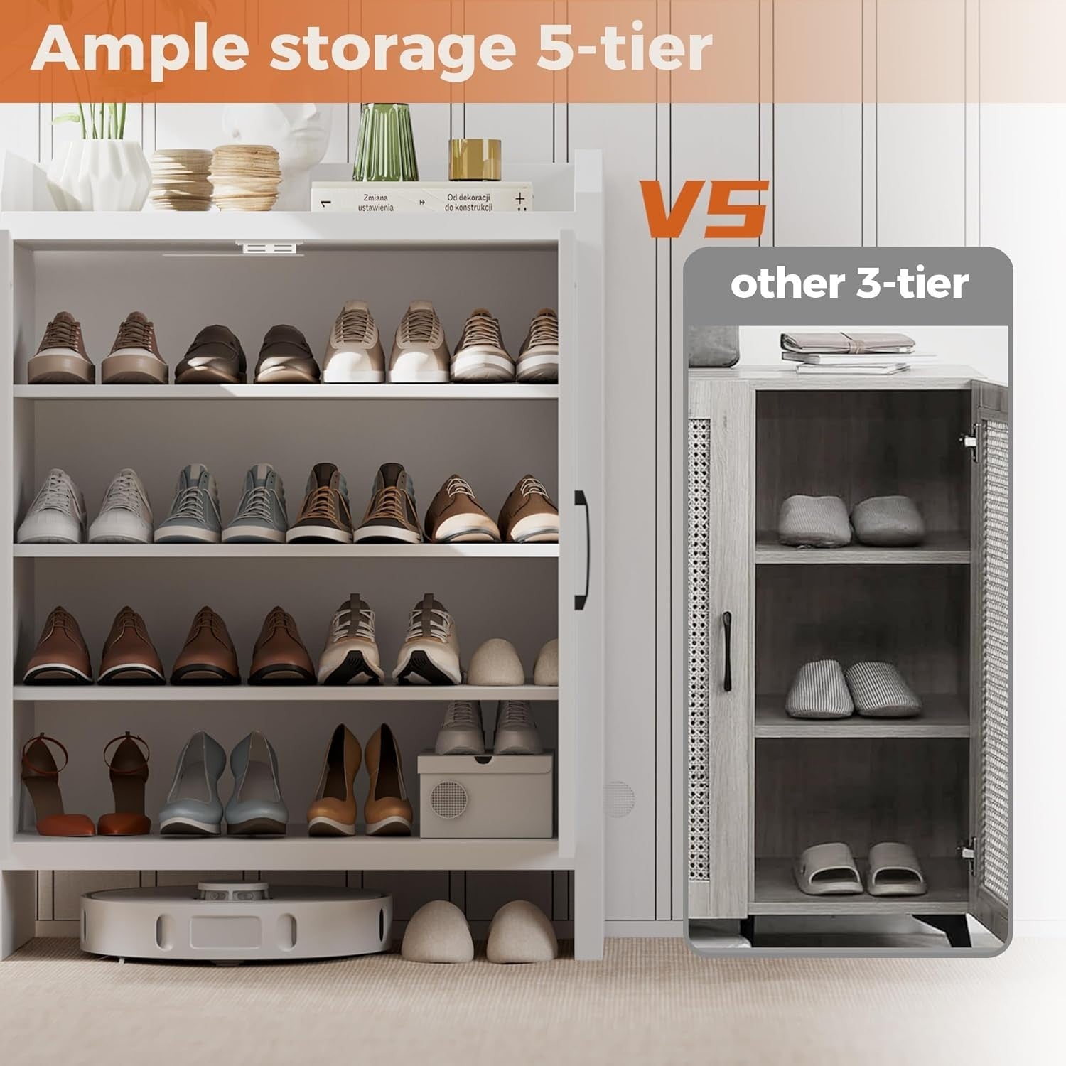 5-Layer Rattan Shoe Cabinet with Adjustable Shelves Sturdy Storage 68x38x88cm