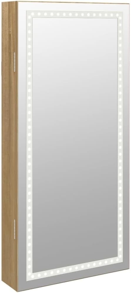 LED Wall Jewelry Organizer Mirror Lockable Slim Cabinet Brown