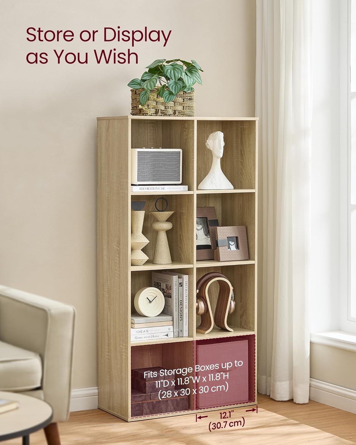 8-Cube Oak Bookcase | Tall Storage Shelf Unit for Living Room Office Bedroom
