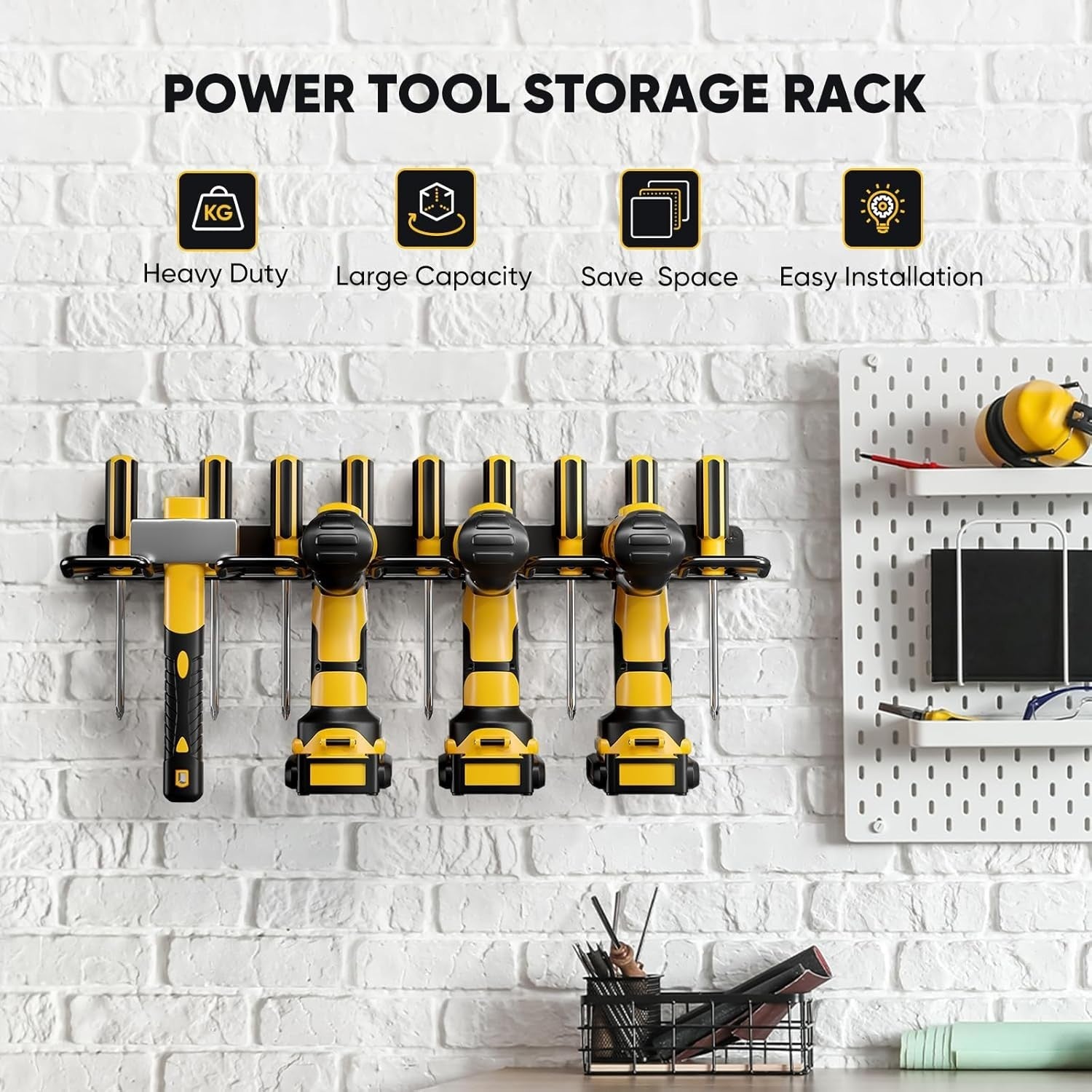 Black 1-Tier Alloy Steel Floating Drill Tool Wall Organizer Rack