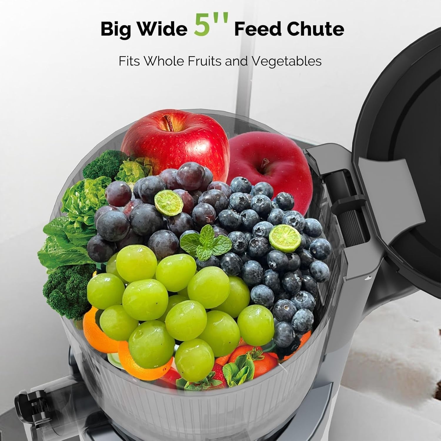 Cold Press Juicer Whole Fruit 5in Feed Chute High Juice Yield Easy Clean