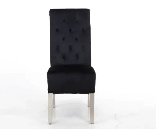 Pair Black Velvet Dining Chairs Lion Knocker Chrome Legs Quilted Back