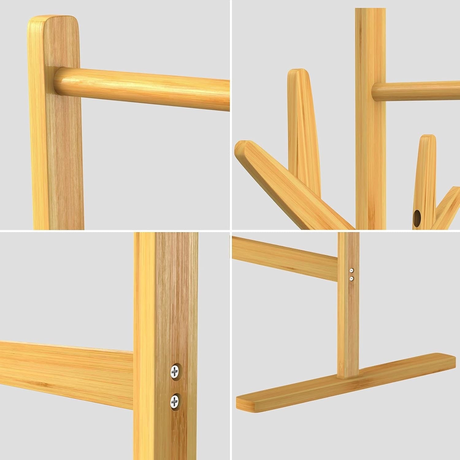 2-in-1 Wooden Bamboo Coat Rack Stand 8 Hooks Freestanding Hallway Hanger