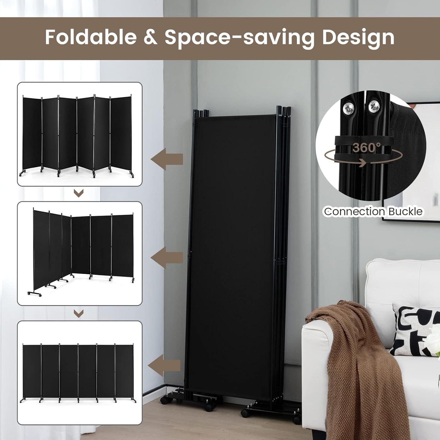 6 Panel Folding Room Divider Privacy Screen Black Metal Frame 335x172cm