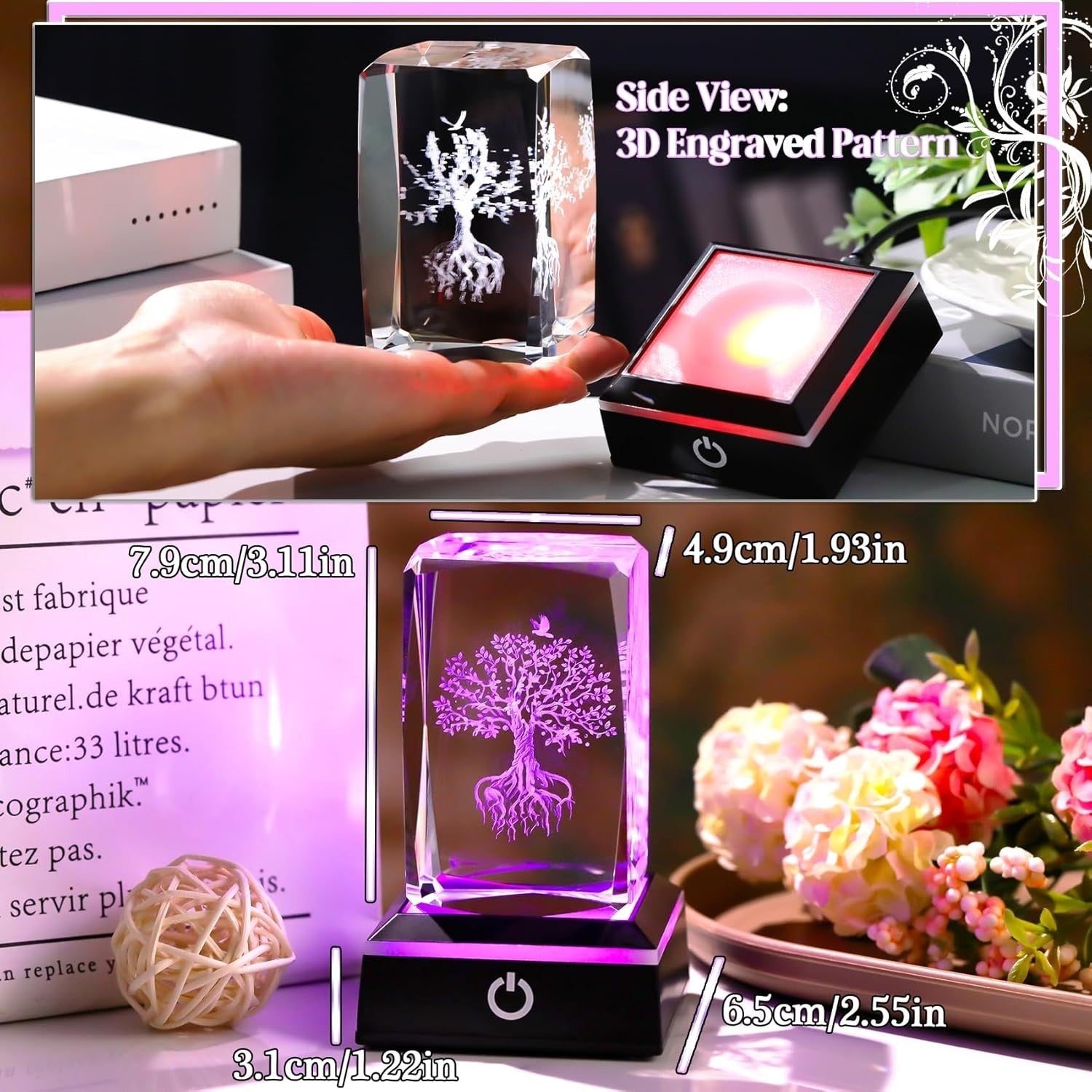 3D Crystal Tree of Life LED Light Gift Ornament for Women Men Birthday Decor
