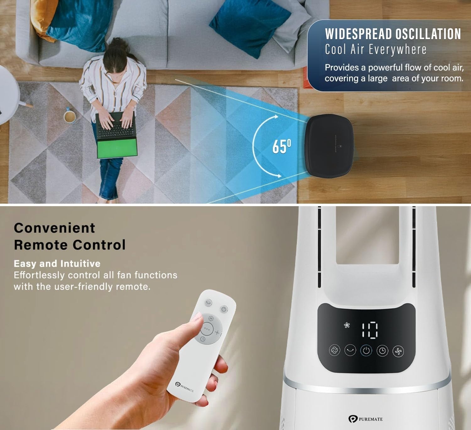 2-in-1 Bladeless Tower Fan Air Purifier HEPA Filter 10-Speed Remote White Quiet