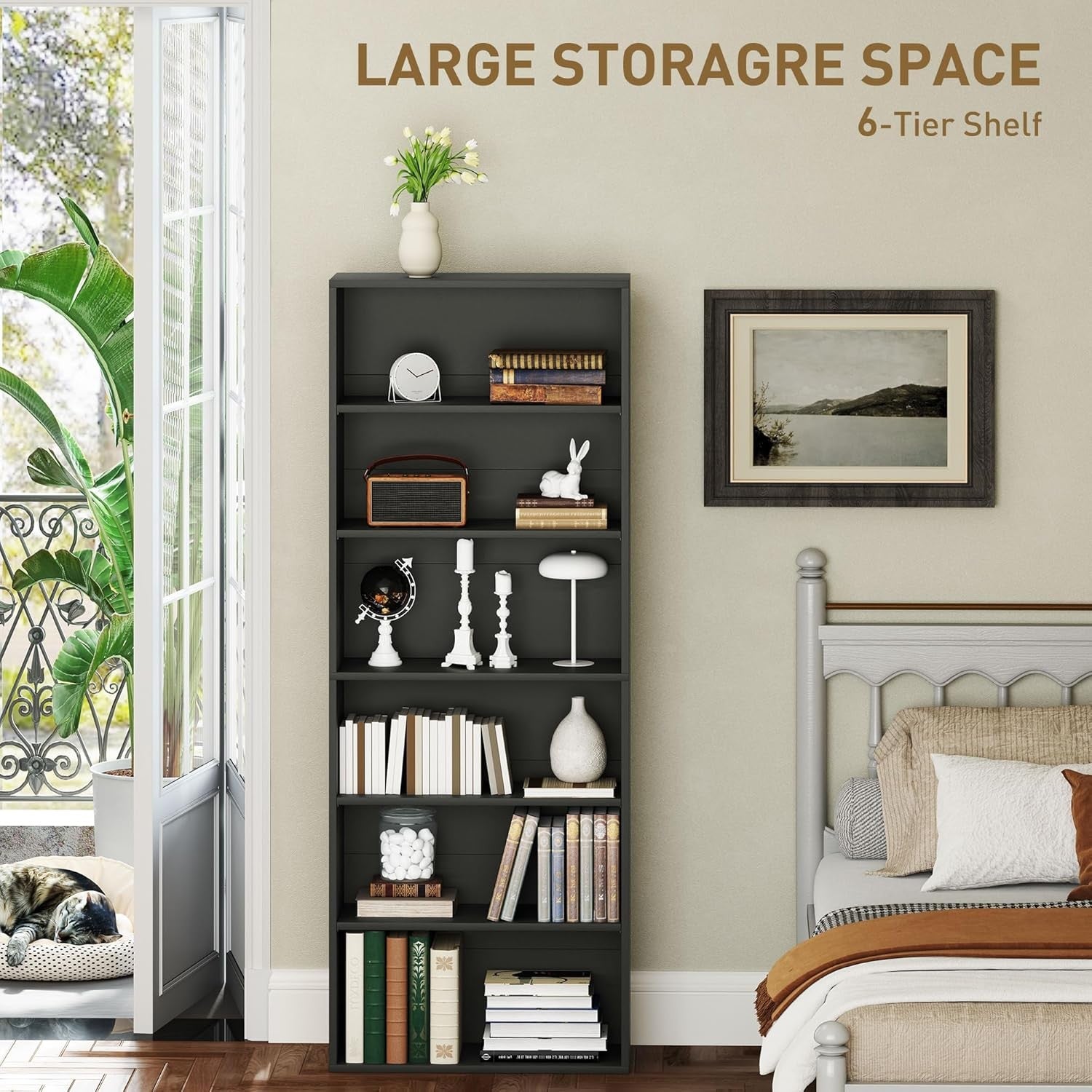 Black 6-Tier Tall Bookcase Adjustable Shelves Modern Narrow Storage Unit