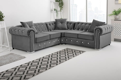Velvet Chesterfield Corner Sofa – Steel Plush Fabric, Foam Cushions.