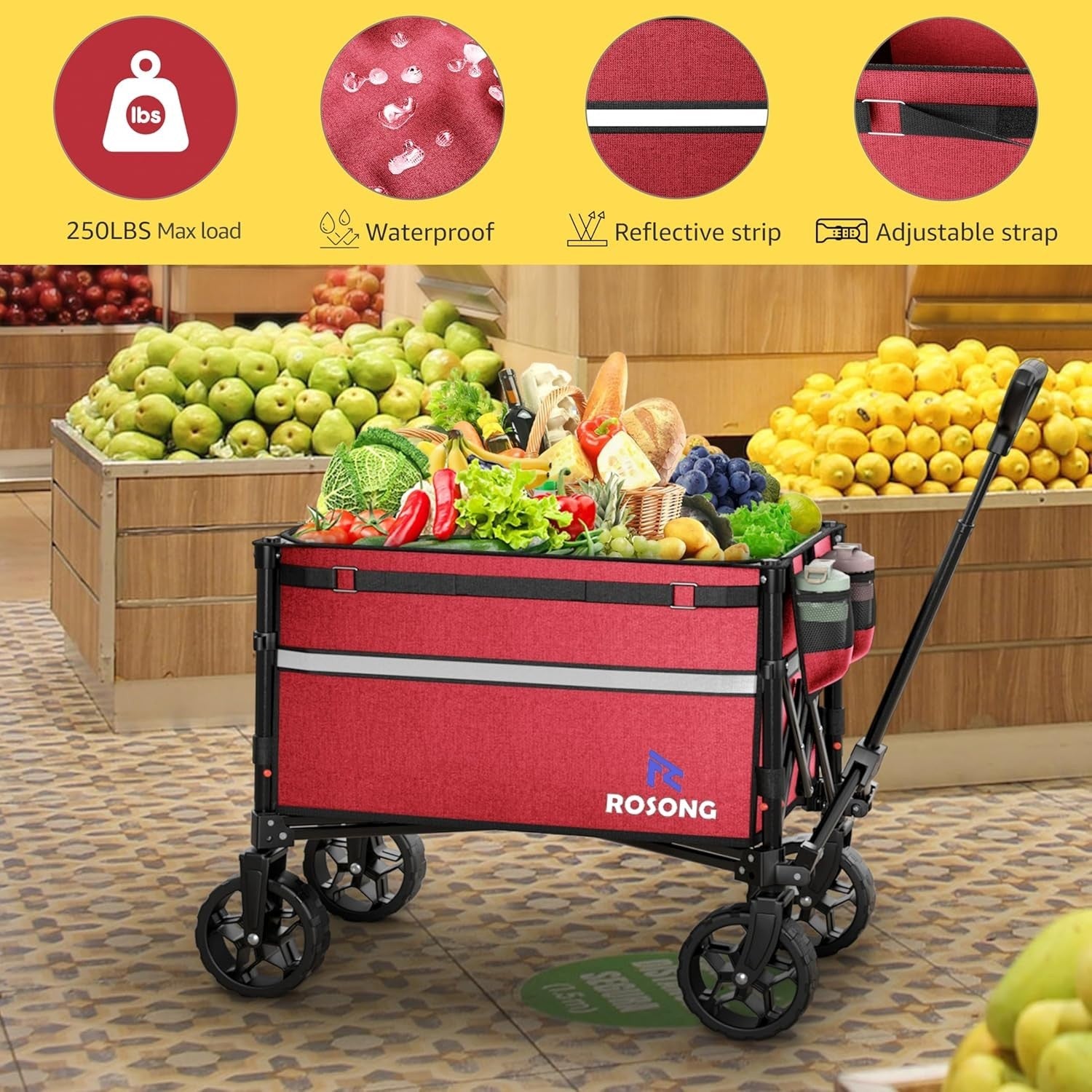Heavy Duty Foldable Wagon Cart Collapsible Utility Trolley Wheels Burgundy