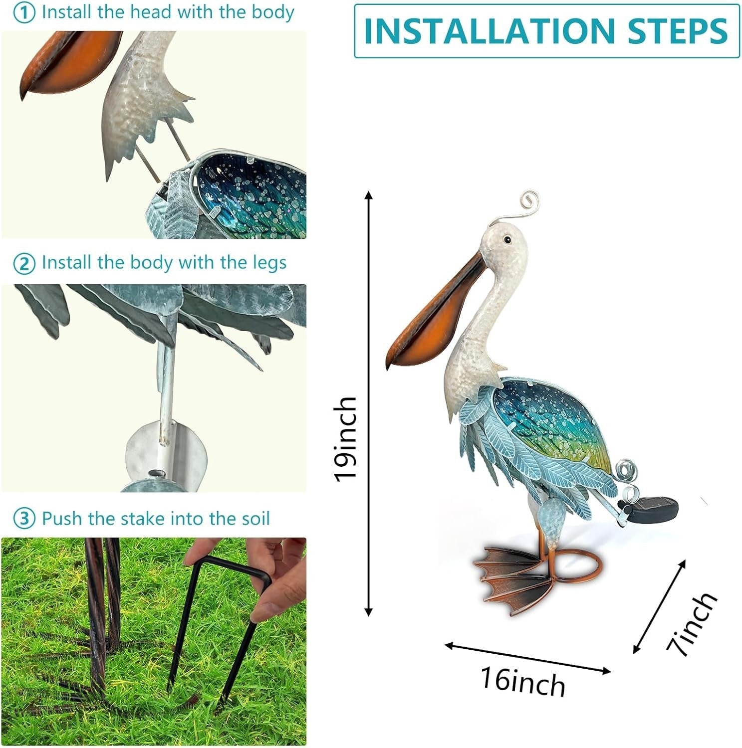 Solar Metal Pelican Garden Ornament LED Light Outdoor Coastal Decor 19"