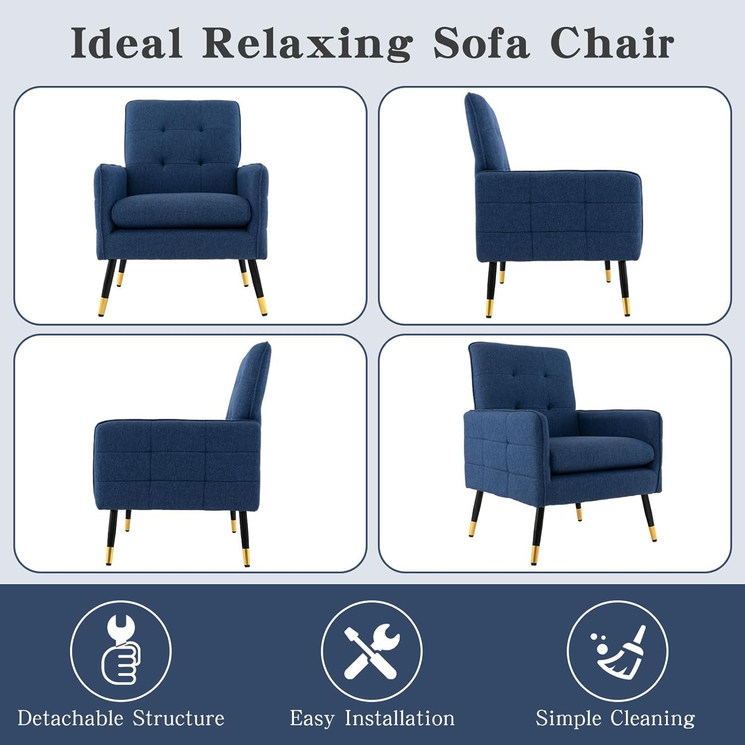 Blue Tufted Accent Armchair Linen Lounge Chair Metal Legs