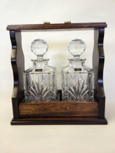 Luxury Tantalus Whiskey Decanter Set Oak Frame Brass Fittings Twin Bottles