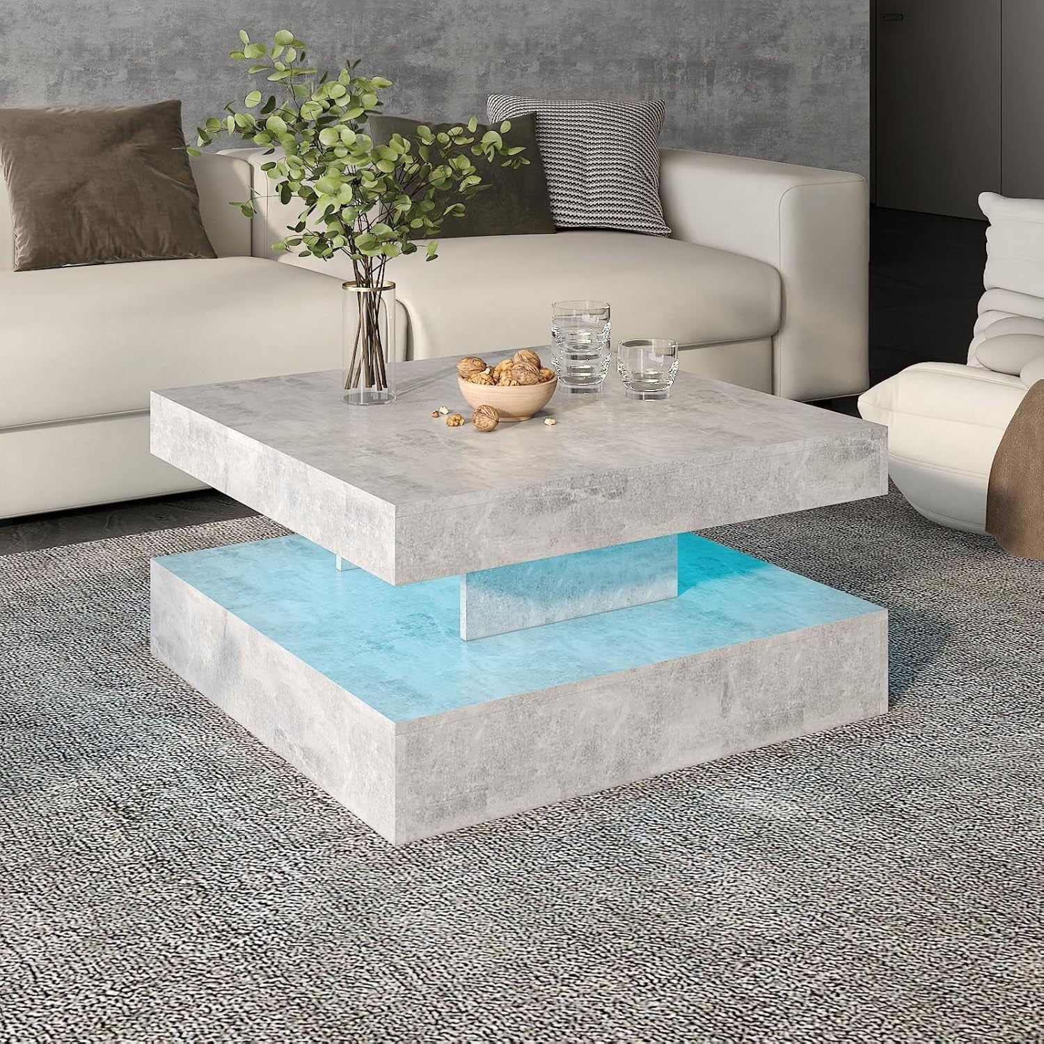 Grey Square LED Coffee Table with Storage, 2-Tier High Gloss 78x78cm
