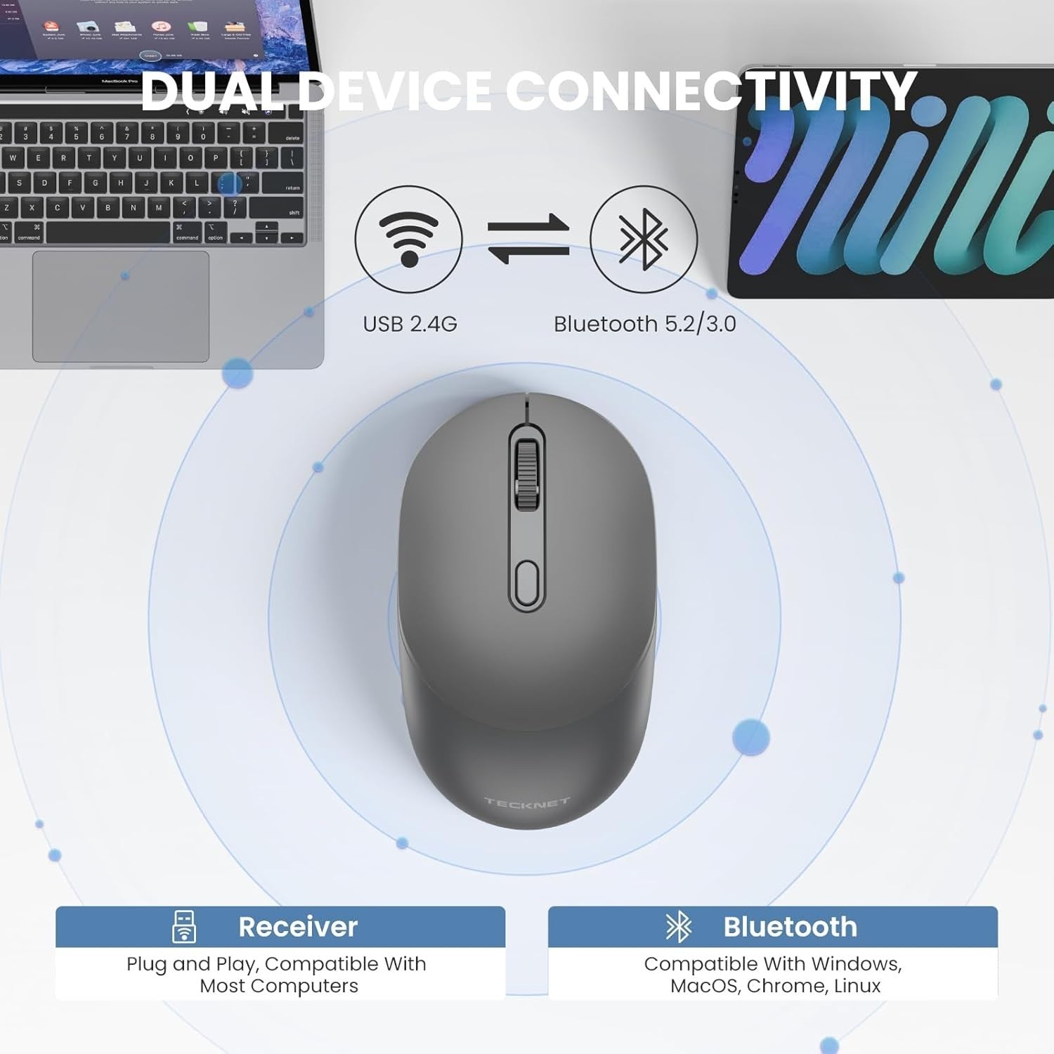 Dual Mode Bluetooth Wireless Mouse Silent 1600 DPI Ergonomic Laptop PC