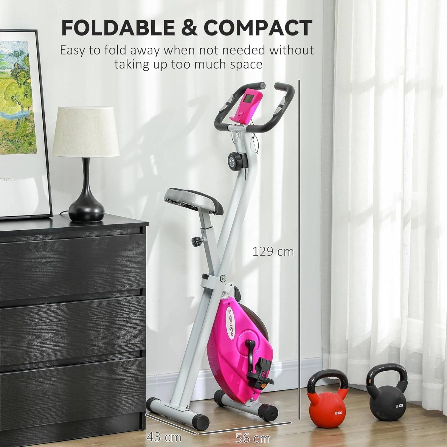 Pink Foldable Exercise Bike Quiet 8-Level Magnetic LCD Pulse Home Workout