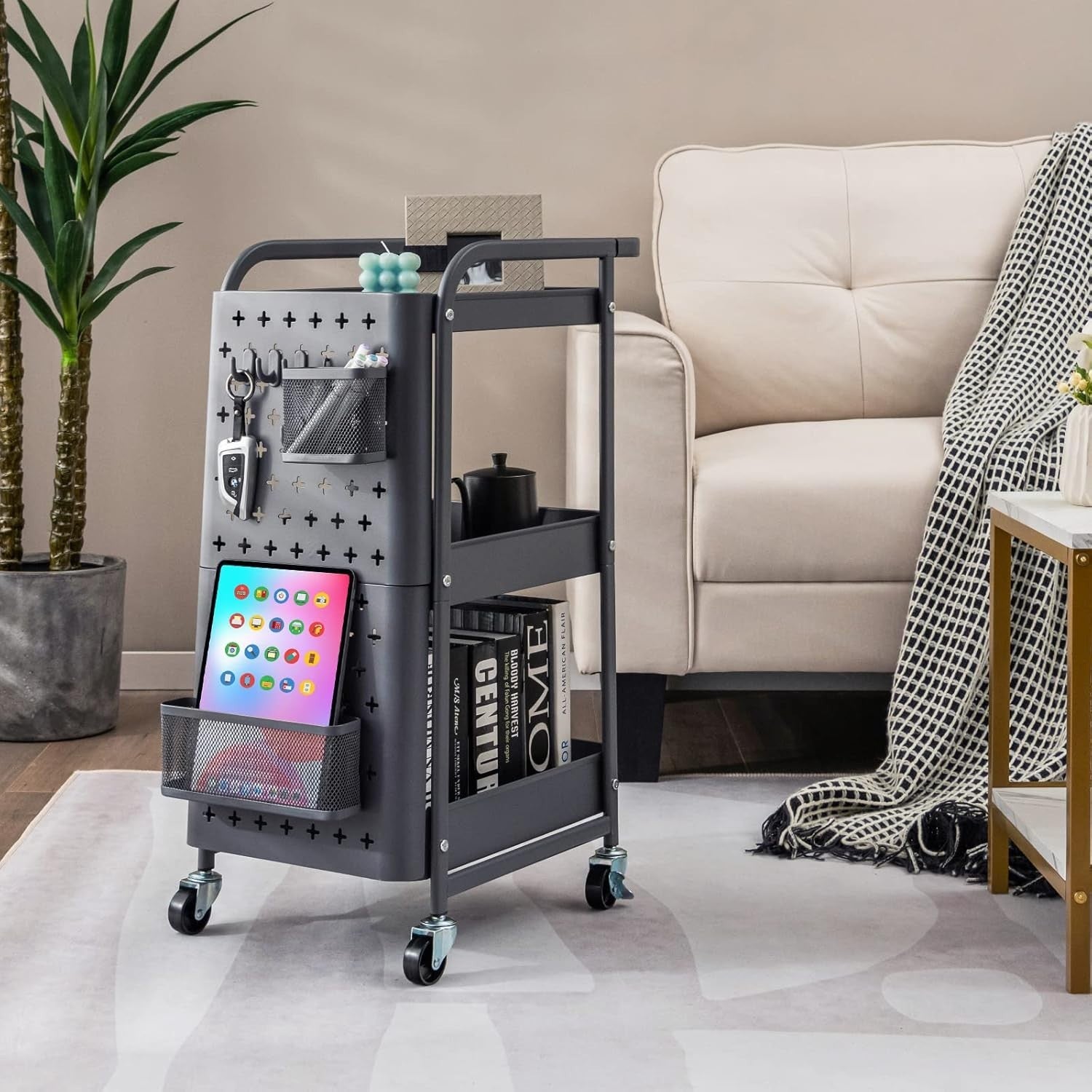 3 Tier Rolling Utility Cart Metal Storage Trolley Pegboard Organizer Grey