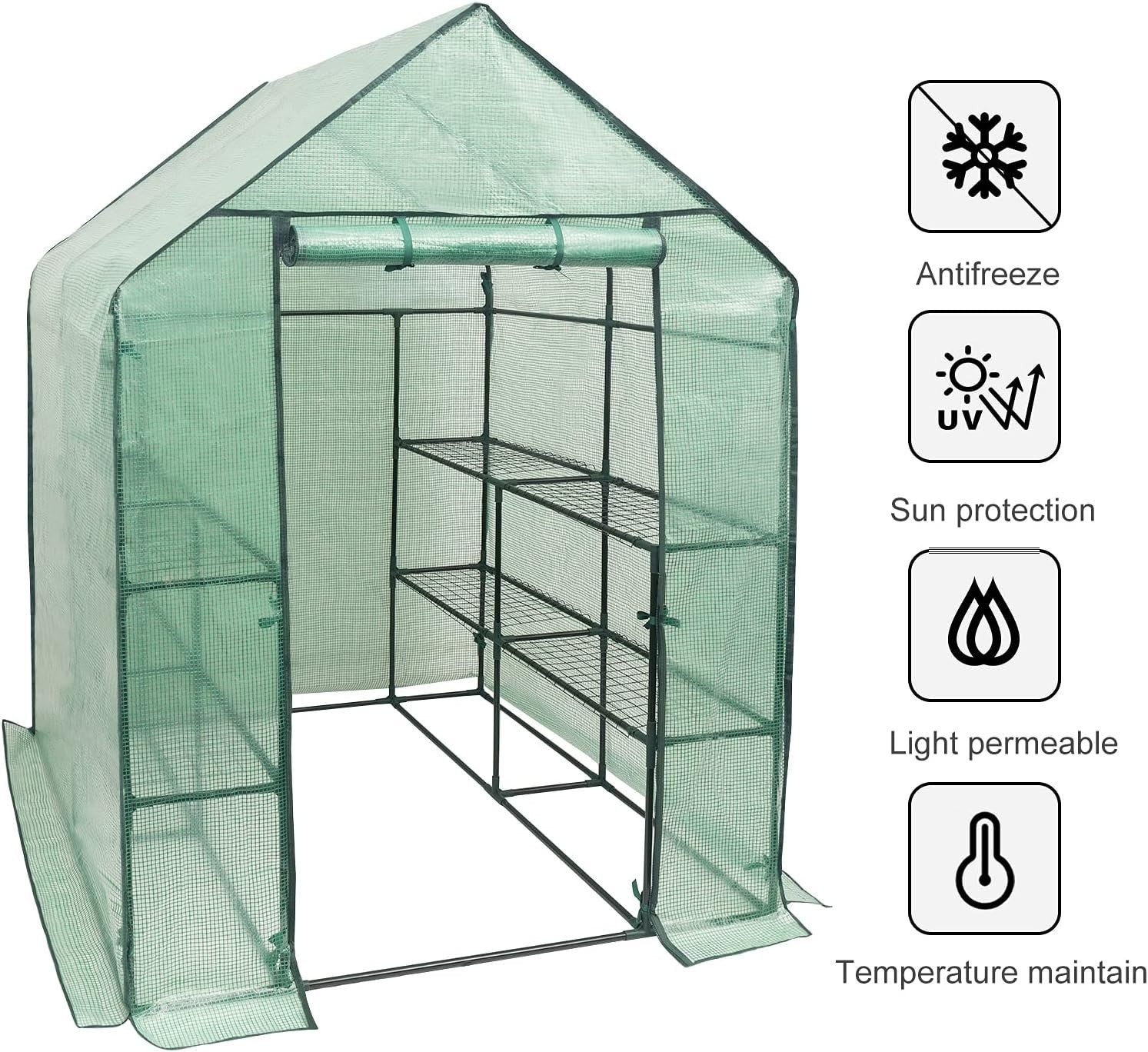 Walk-In Greenhouse 6 Shelves | Reinforced PE Cover | Steel Frame | Roll-Up Door