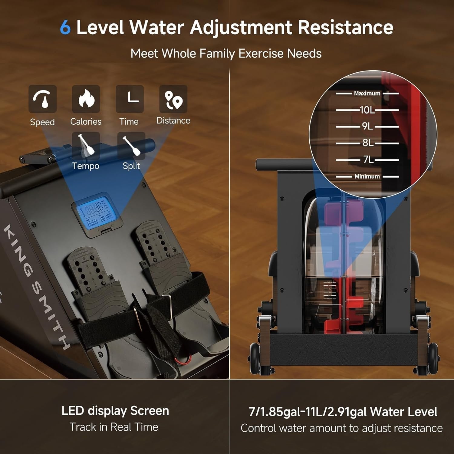 Triple-Folding Water Rowing Machine 6-Level Resistance LCD App Rower 150KG