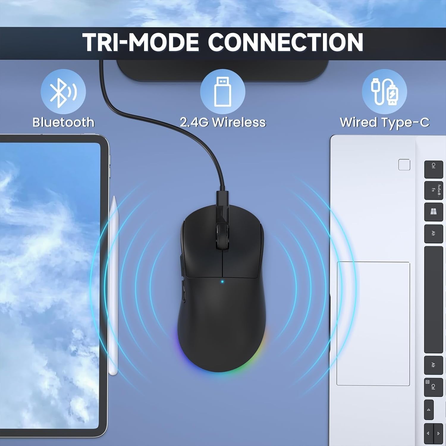 12800 DPI Tri-Mode Wireless Gaming Mouse 1000Hz RGB 70g Black