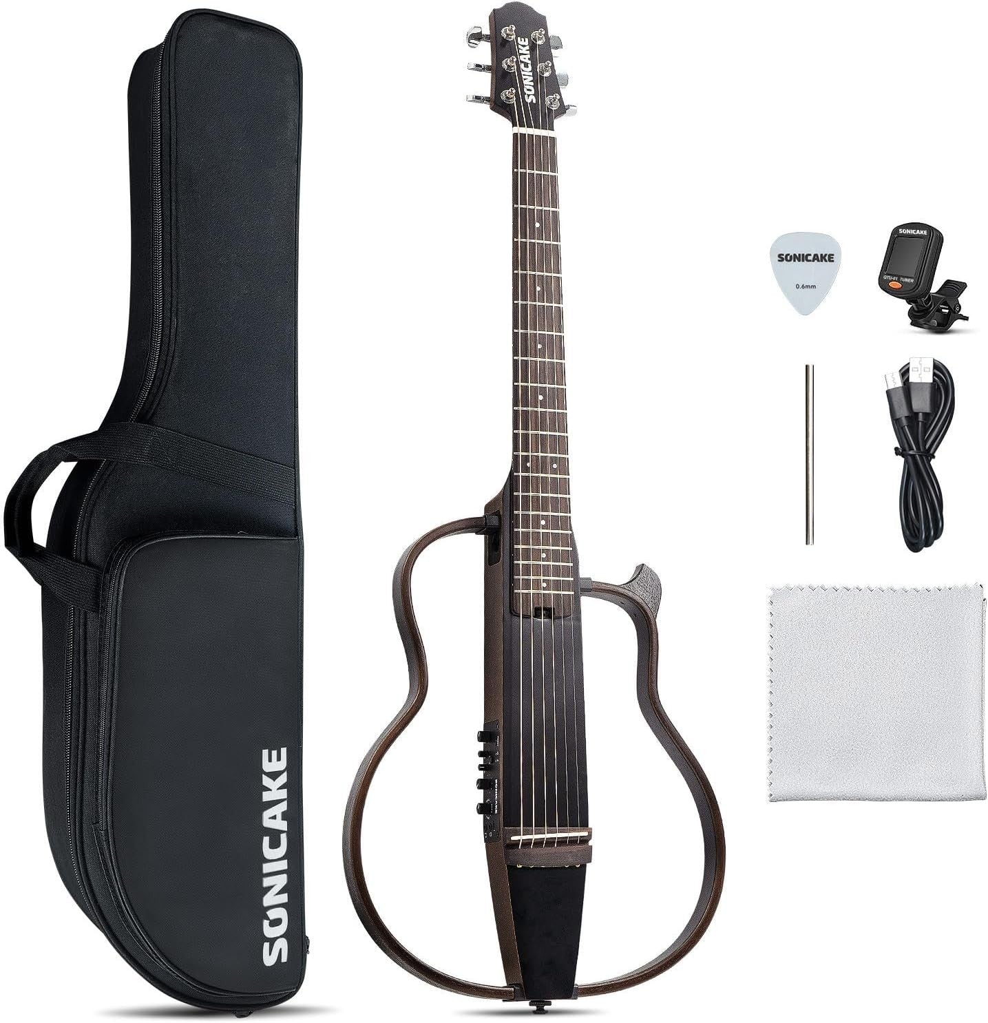 Portable Electric Travel Guitar Mahogany Body Silent w/ Preamp & Bag