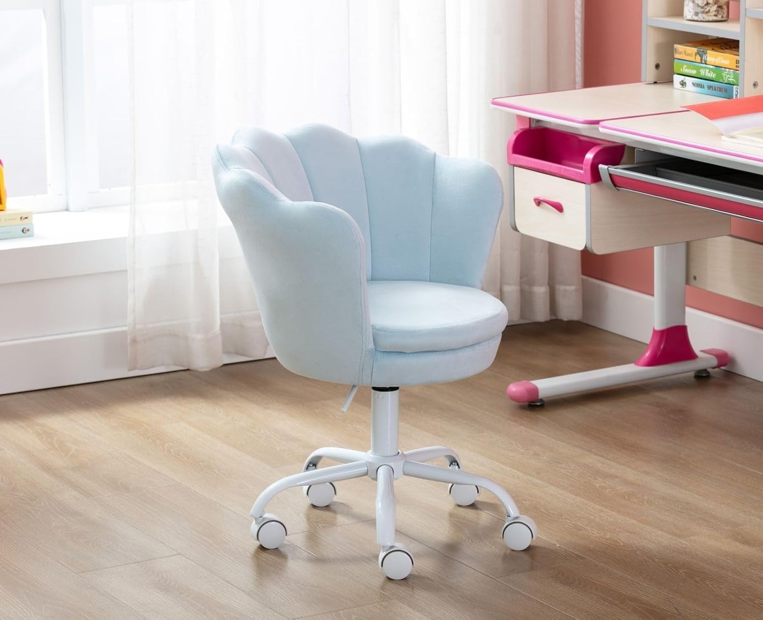 Kids Swivel Desk Chair Height Adjustable Velvet Upholstered Study Seat Blue