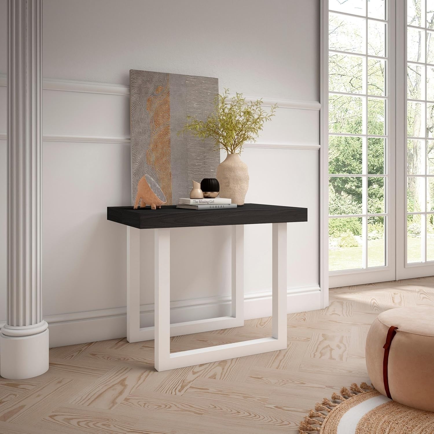 Extendable Folding Dining Table for 8 with Solid Wood Legs, White & Black