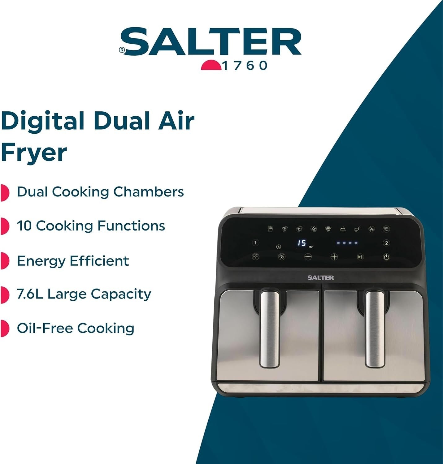 Dual Air Fryer 7.6L | Sync & Match, 10 Functions, LED Touch, Low-Oil, 1700W