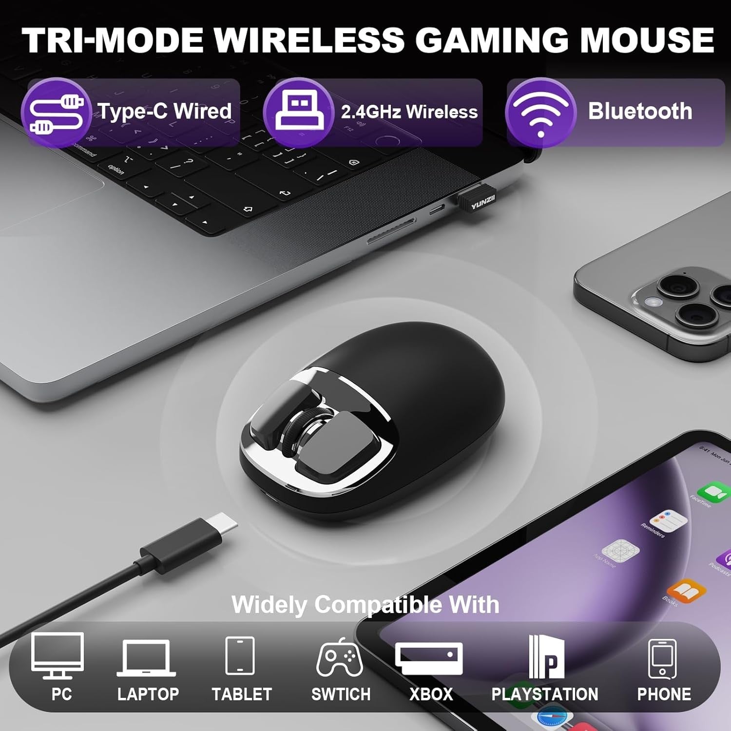 Rechargeable Wireless Mouse 4800 DPI Bluetooth 2.4G USB-C Multi Device