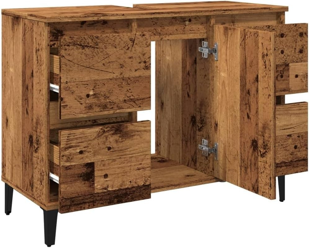 Rustic Oak Bathroom Sink Cabinet Vanity Unit with Drawers Cupboard Storage
