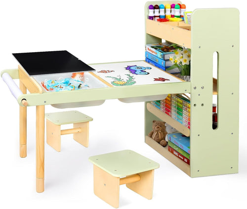 Kids Sensory Activity Table with Chairs Storage Bins Art Blackboard Whiteboard