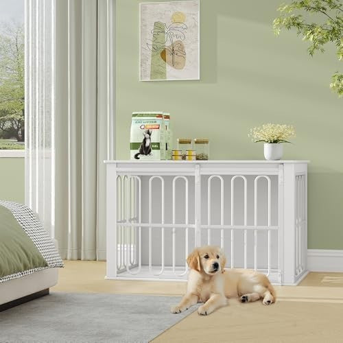 HEXCELEN Dog Crate Furniture White – Indoor Small/Medium Dog Cage & Side Table