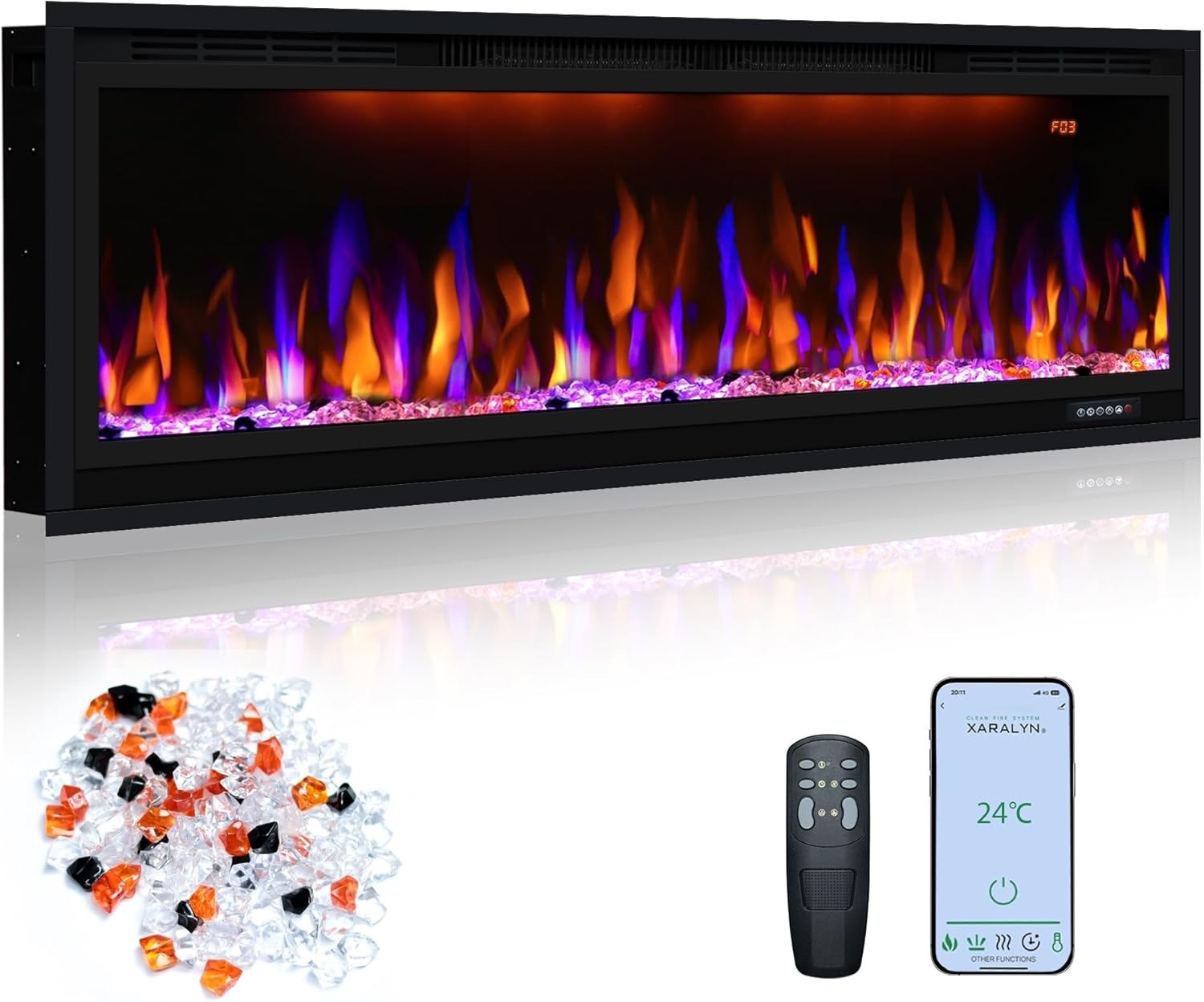 Slim Wall Mounted Electric Fireplace Heater 42" Recessed Remote Control