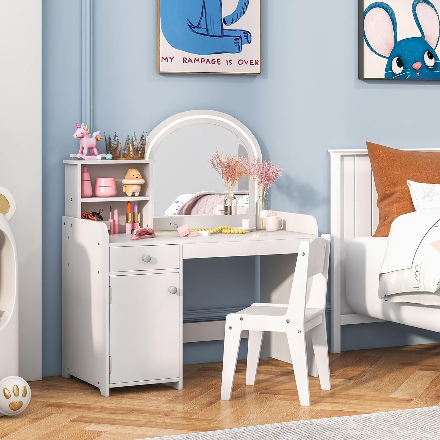 Kids Vanity Table & Chair Set with LED Mirror Storage Shelves Drawer White