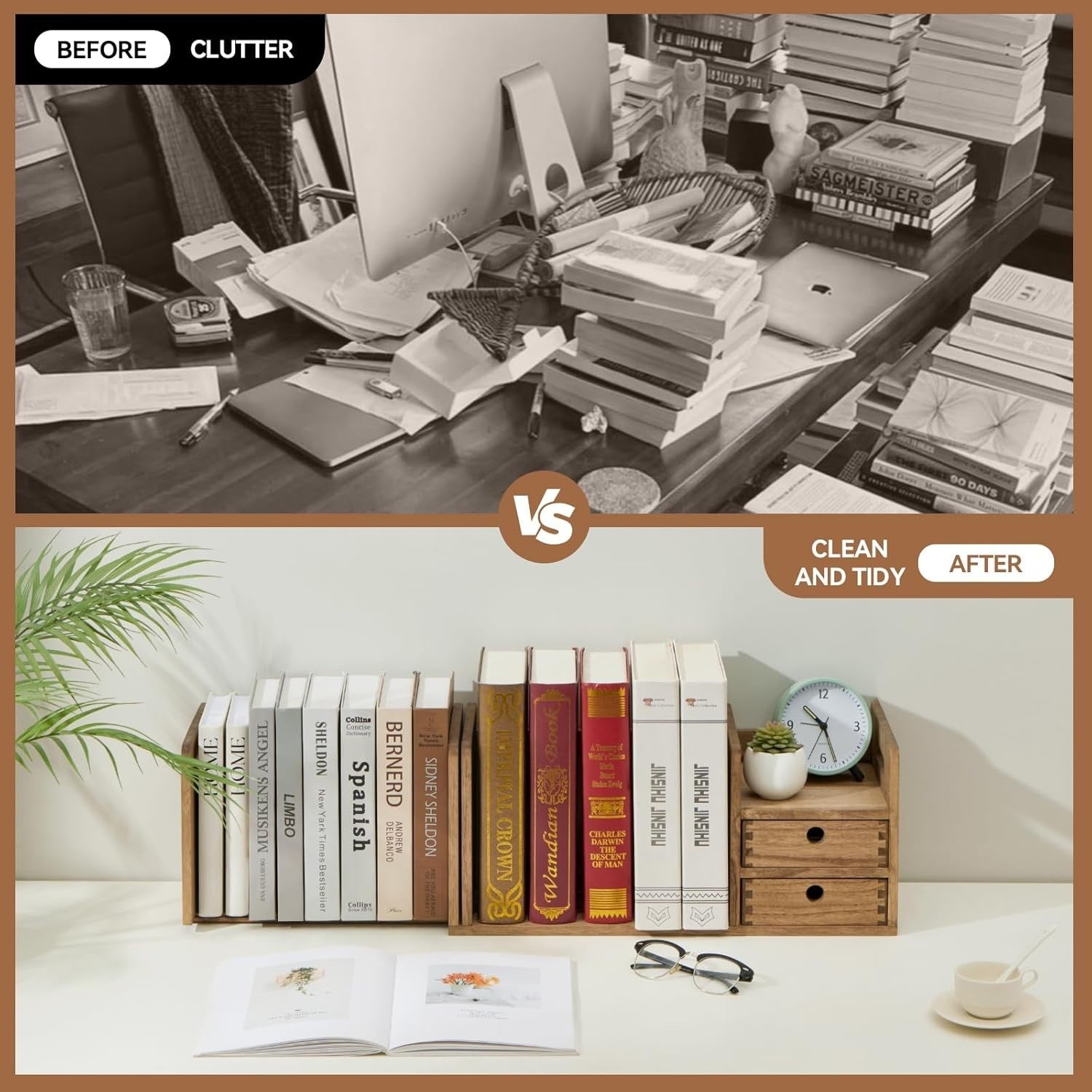 Expandable Wooden Desktop Bookshelf Organiser with Drawers Office Rack
