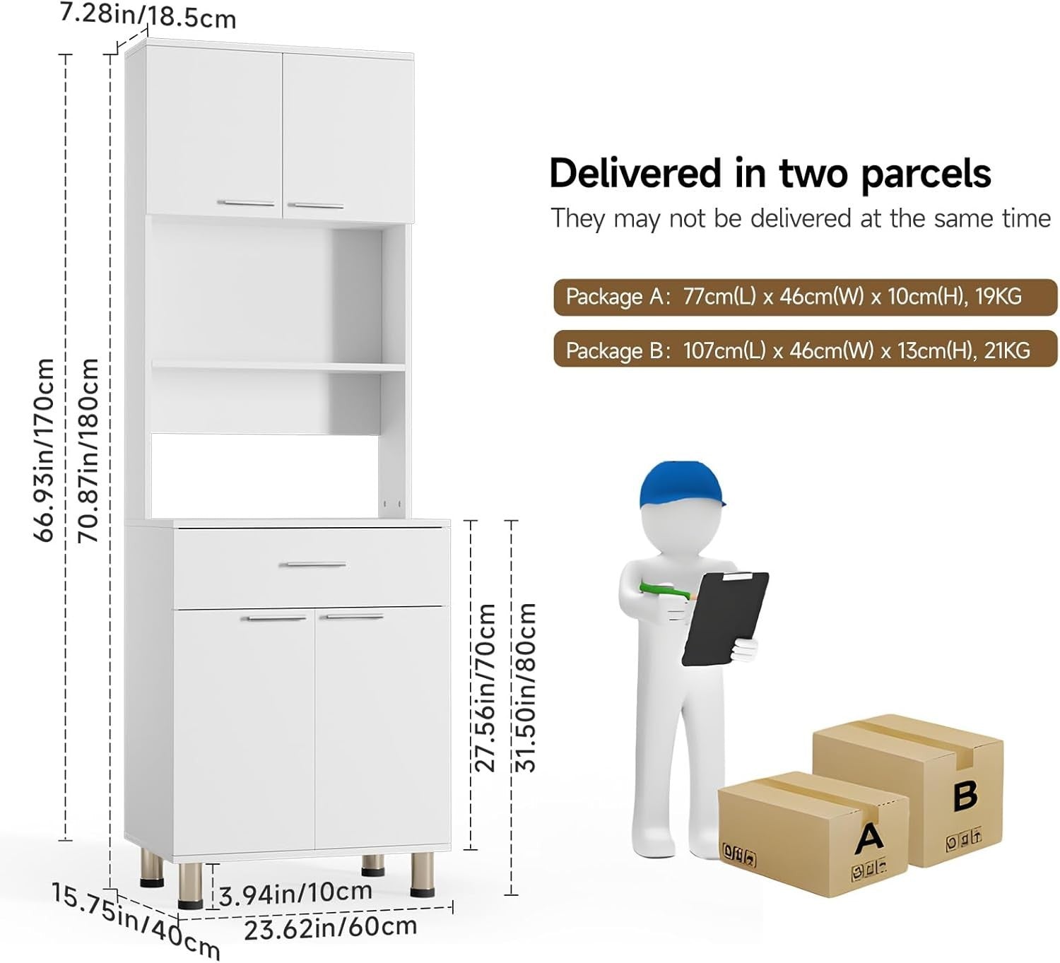 White 180cm Tall Kitchen Cupboard 2 Doors 1 Drawer Storage Sideboard