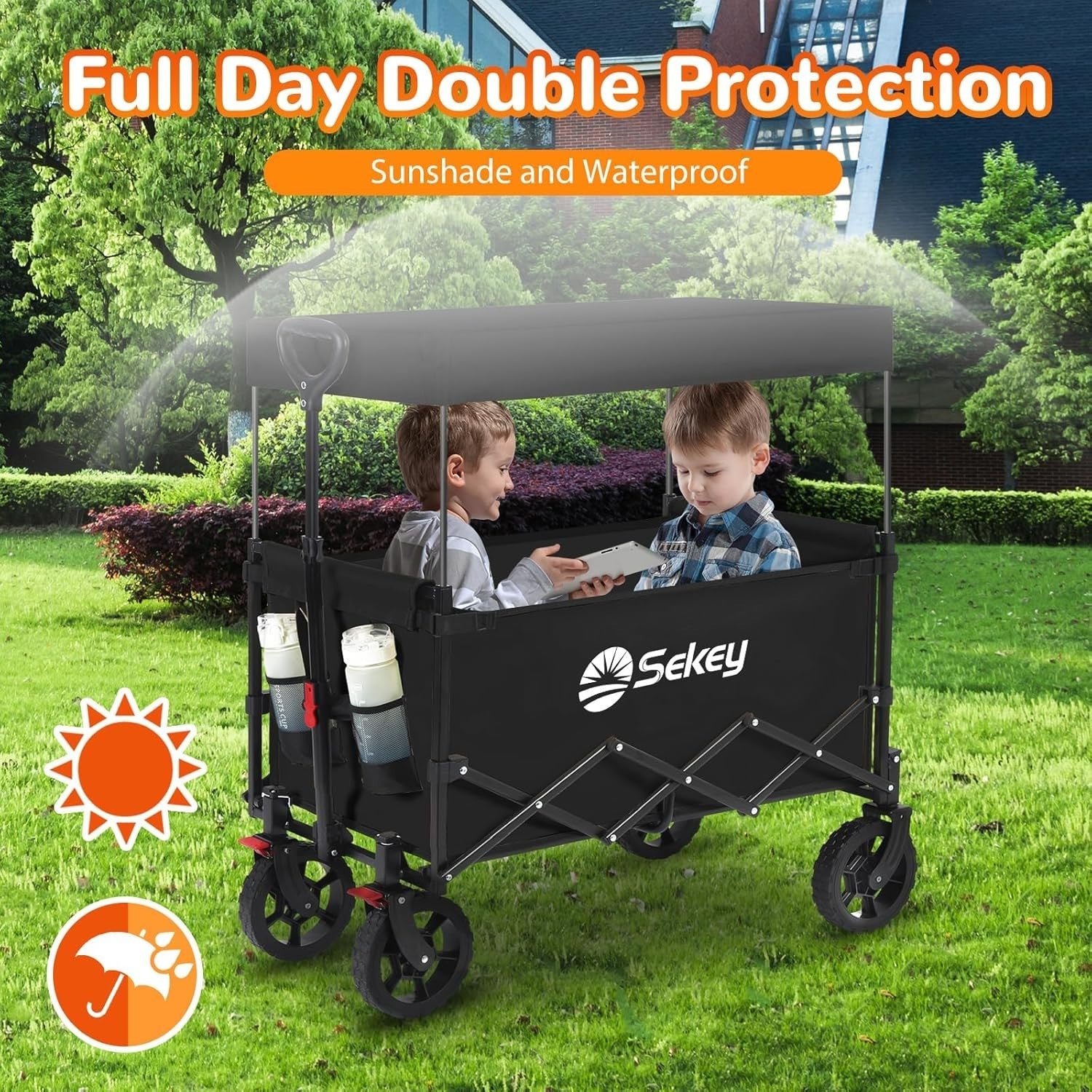 Black 250L Folding Camping Wagon 180kg Heavy Duty Canopy All Terrain Beach Cart
