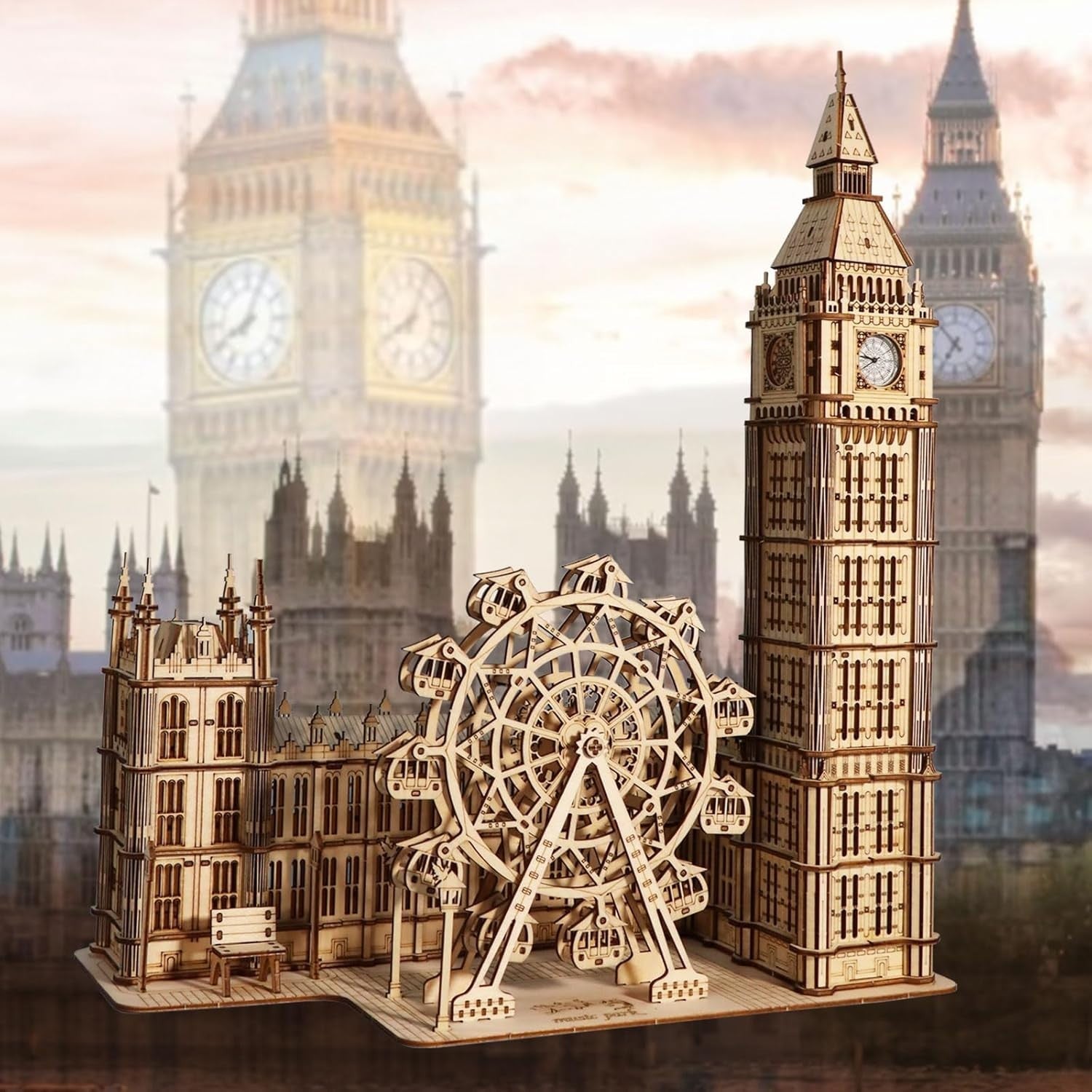 3D Wooden Big Ben Puzzle Clock Model with LED Light & Ferris Wheel