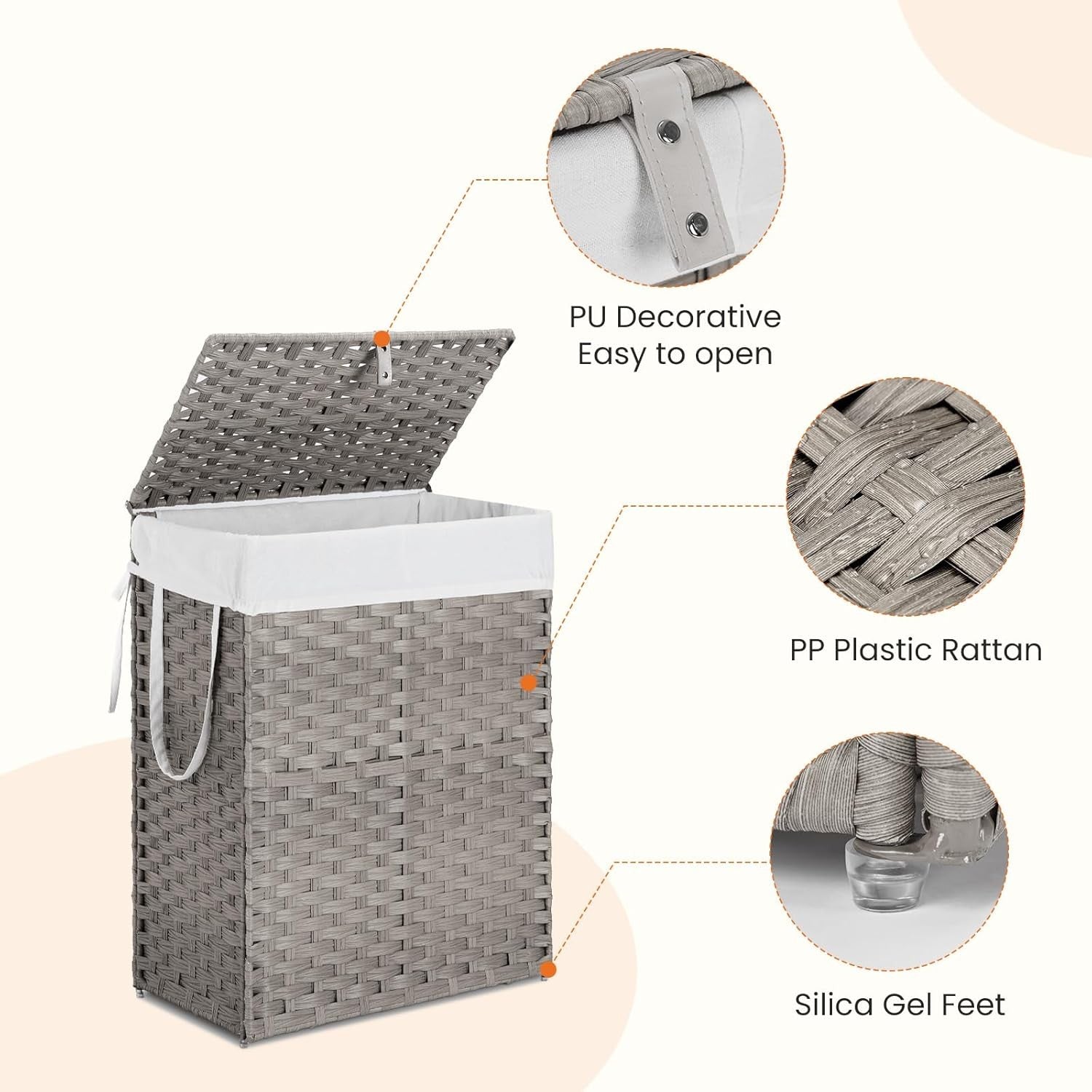 90L Grey Rattan Laundry Basket with Lid Foldable Hamper Removable Liner Handles