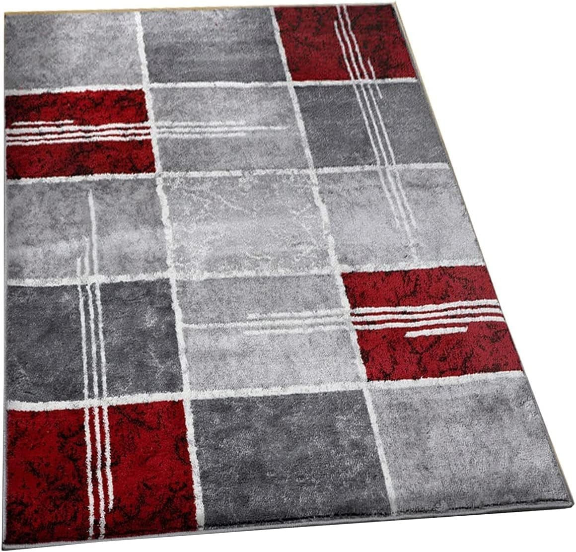 Soft Thick Pile Area Rug 6x9 Modern Red Grey Large Living Room Carpet