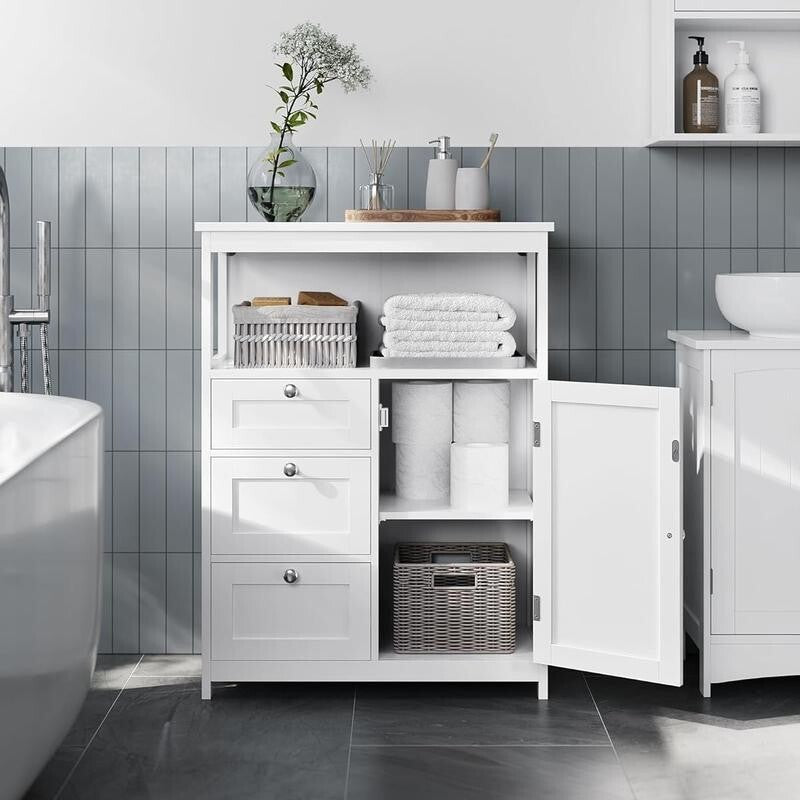 White Bathroom Storage Cabinet 3 Drawer 1 Door – Adjustable Shelf Cupboard