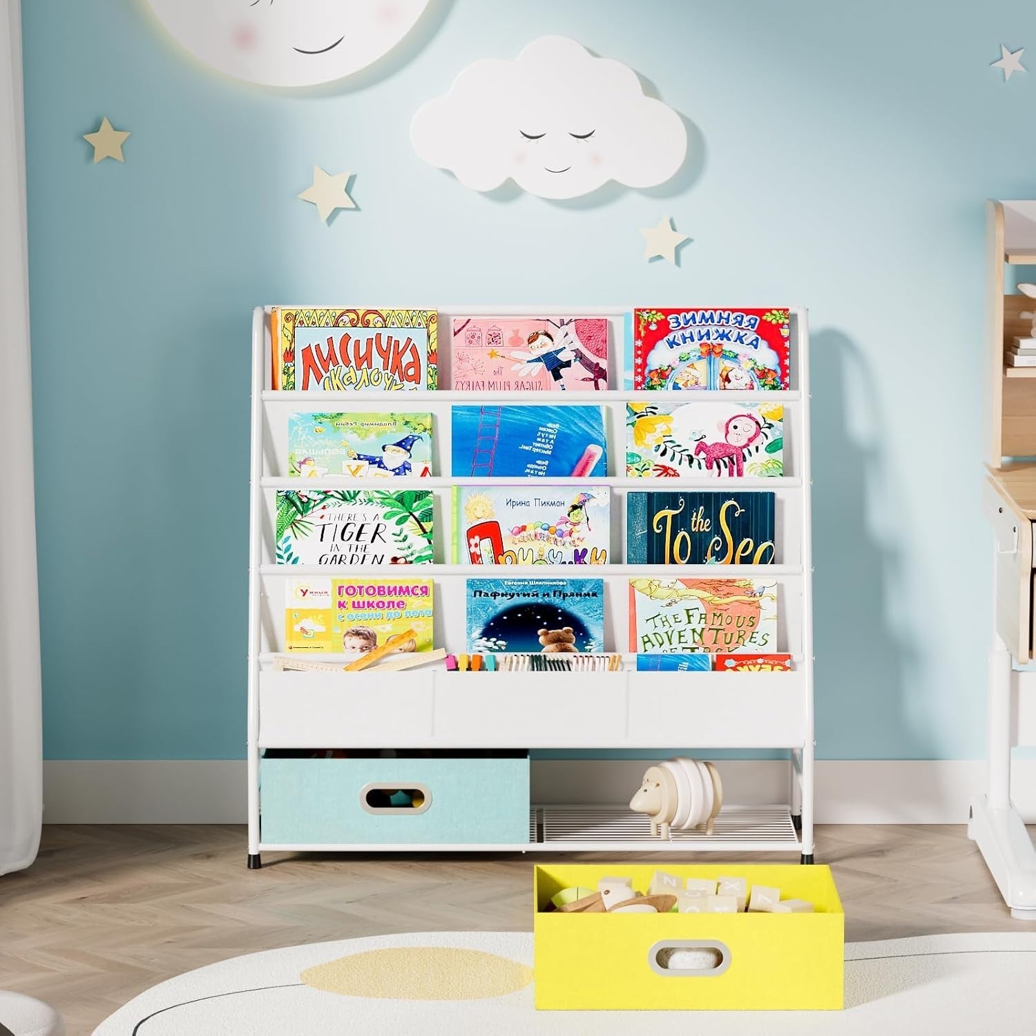 Kids 4 Tier Book Rack with Basket Fabric & Metal Bookshelf Yellow Green
