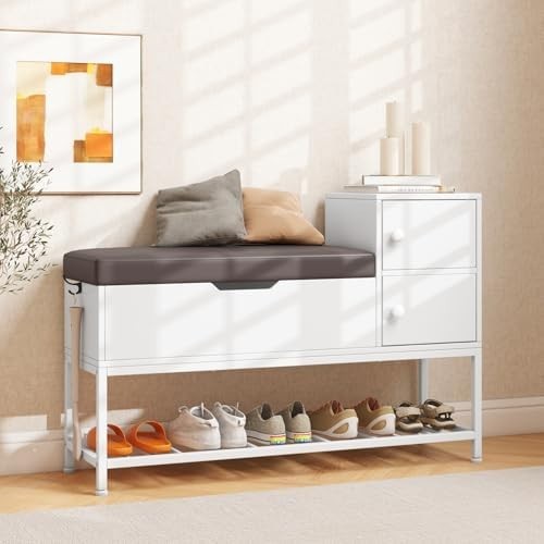 White Grey Shoe Storage Bench with Cushion, Flip Chest & Cabinets Hallway Unit