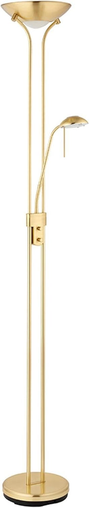 Satin Brass Floor Lamp with Reading Light Dimmable 180cm Tall Uplighter